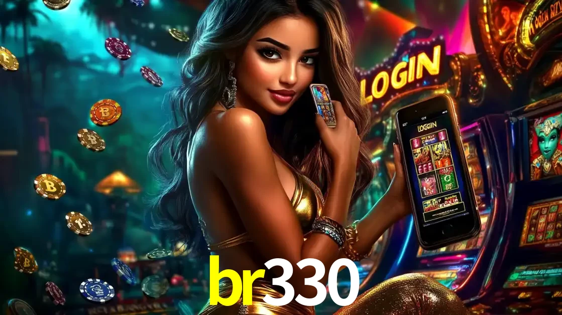 Mulher em um cenário de cassino temático de aventura, mostrando o app de caça-níqueis da br330 no celular. Fichas de apostas flutuam ao redor.