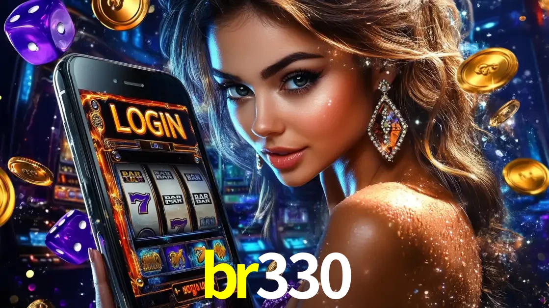 Mulher glamorosa segurando um smartphone com a tela de login para os jogos de caça-níqueis do cassino online br330, com moedas de ouro e dados ao redor.