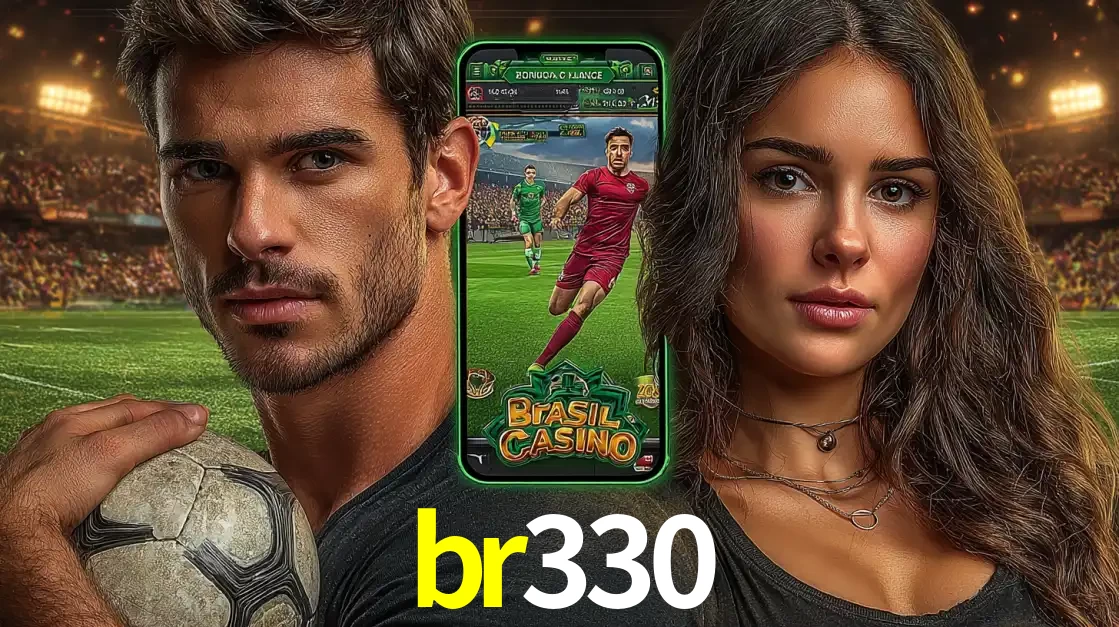 Homem segurando uma bola de futebol e uma mulher ao lado de um smartphone exibindo o jogo de apostas esportivas da br330. Faça seu palpite no cassino online.